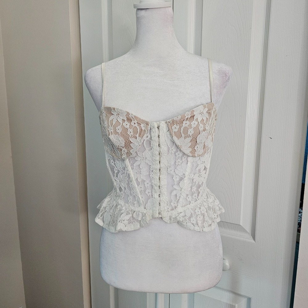 Etiquette S White Lace Corset Top Bustier Peplum Coquette Romantic Bridal